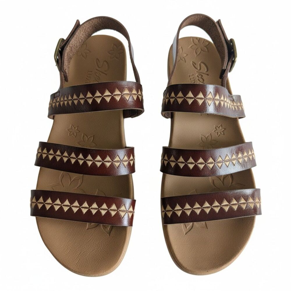 Skechers Luxe Foam Womens Brown Gold Embroidered Strappy Wedge Sandals